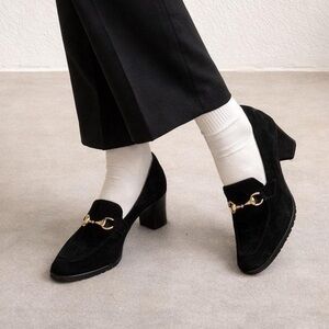 Saks Fifth Ave Vintage 90s Black Suede Horsebit Heeled Loafers 7.5 Made in Italy